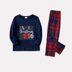 Christmas Family Matching Pajamas-Navy & Red Plaid Pjs Set with "Family Christmas 2026" Artistic Font Print