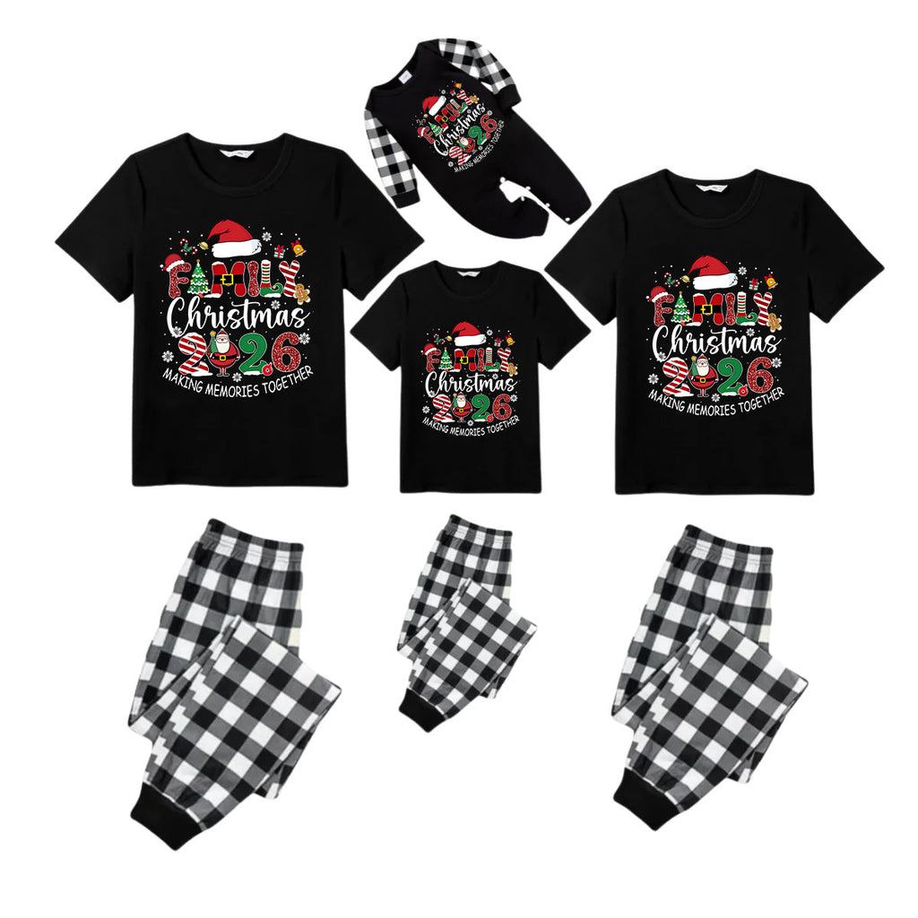 Black and White Plaid Christmas Short Sleeve Pajamas Set With "Family Christmas 2026 Making Memories Together" Text Print