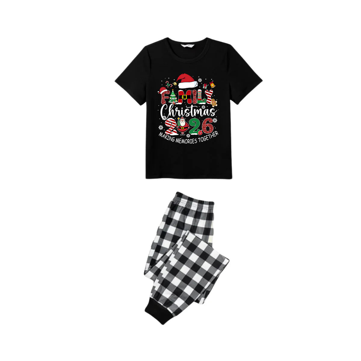 Black and White Plaid Christmas Short Sleeve Pajamas Set With "Family Christmas 2026 Making Memories Together" Text Print