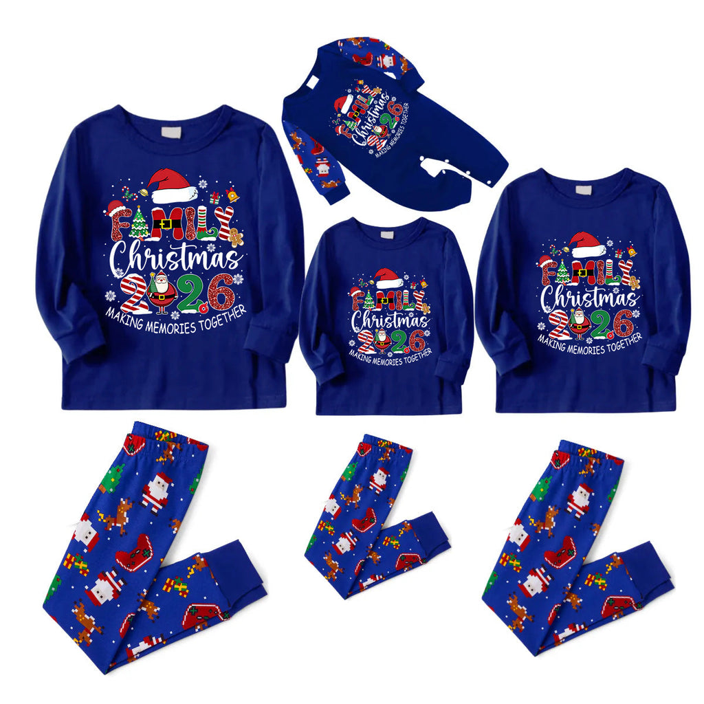 Cozy Blue Christmas Pajamas Set With "Family Christmas 2026 Making Memories Together" Text Print
