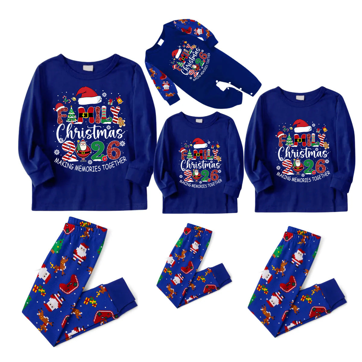 Cozy Blue Christmas Pajamas Set With "Family Christmas 2026 Making Memories Together" Text Print