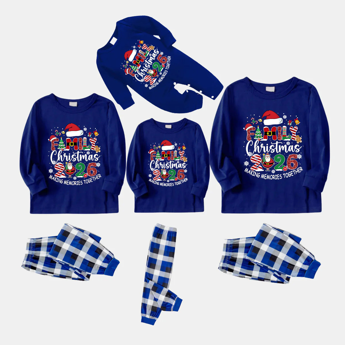 Navy & White Plaid Christmas Pajamas Set With "Family Christmas 2026 Making Memories Together" Text Print