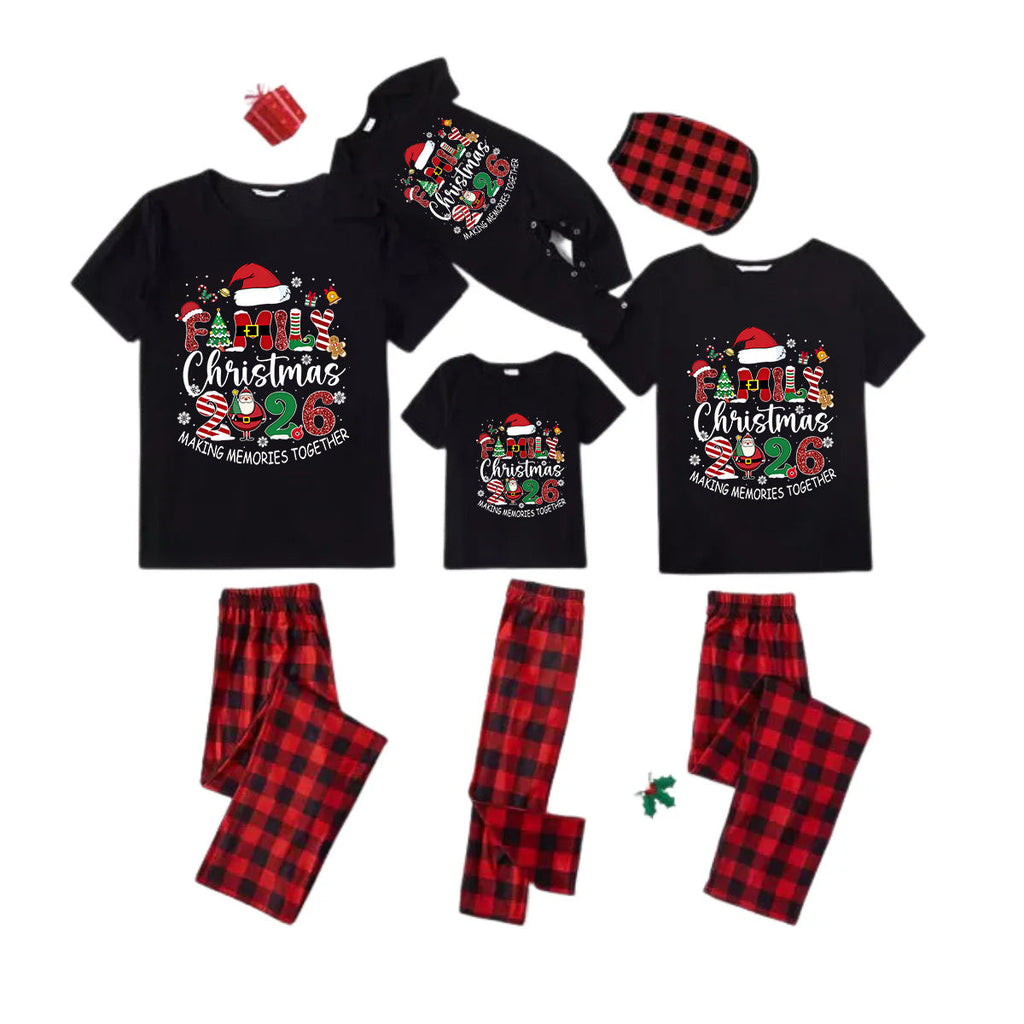 Red and Black Plaid Short Sleeve Christmas Pajamas Set With "Family Christmas 2026 Making Memories Together" Text Print