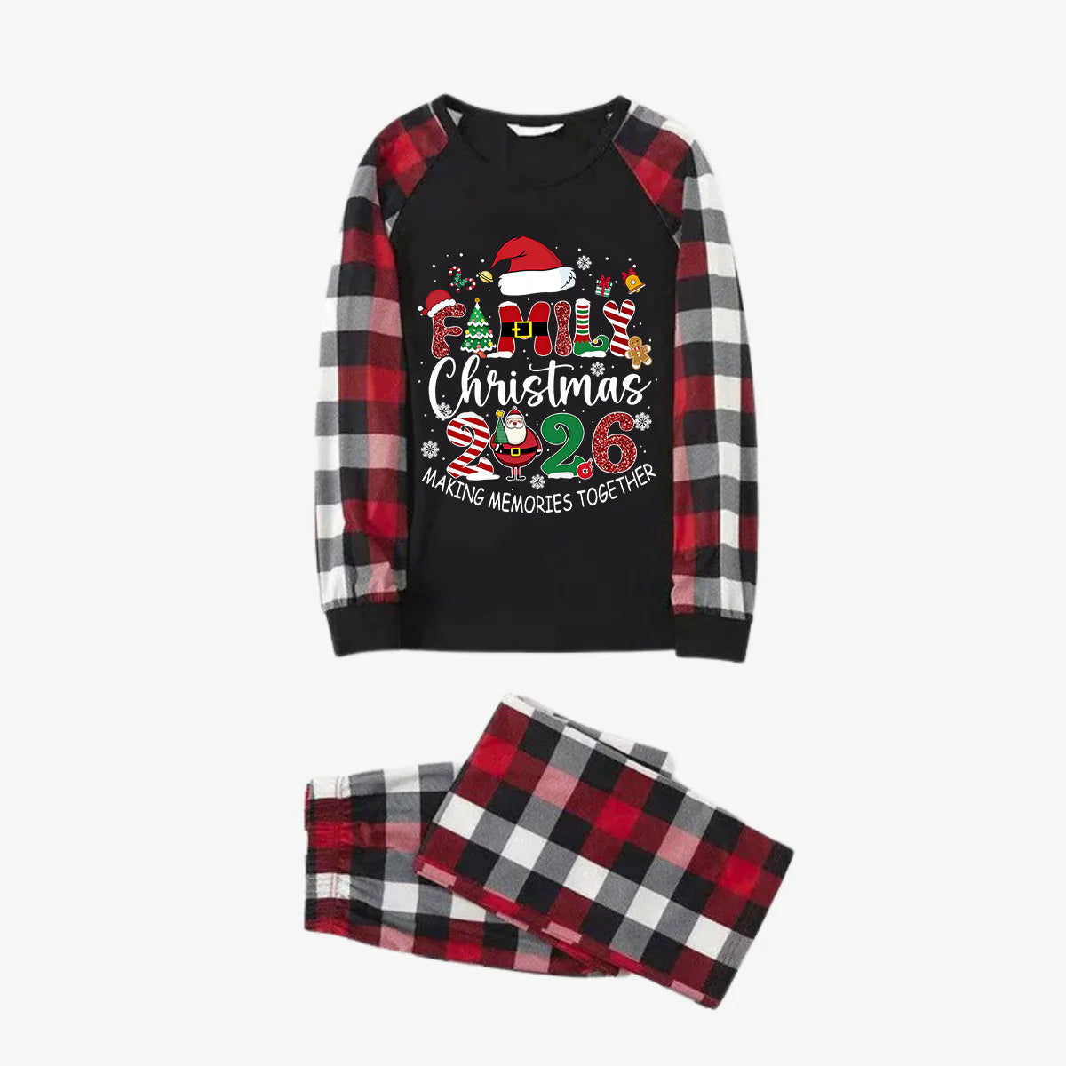 Red and Gray Plaid Christmas Pajamas Set With "Family Christmas 2026 Making Memories Together" Text Print