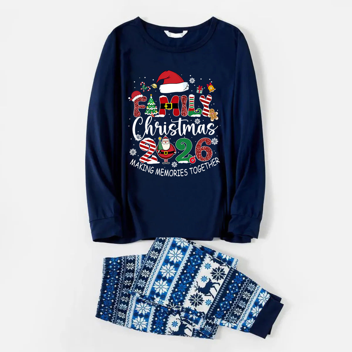 Joyful Blue Christmas Pajamas Set With "Family Christmas 2026 Making Memories Together" Text Print