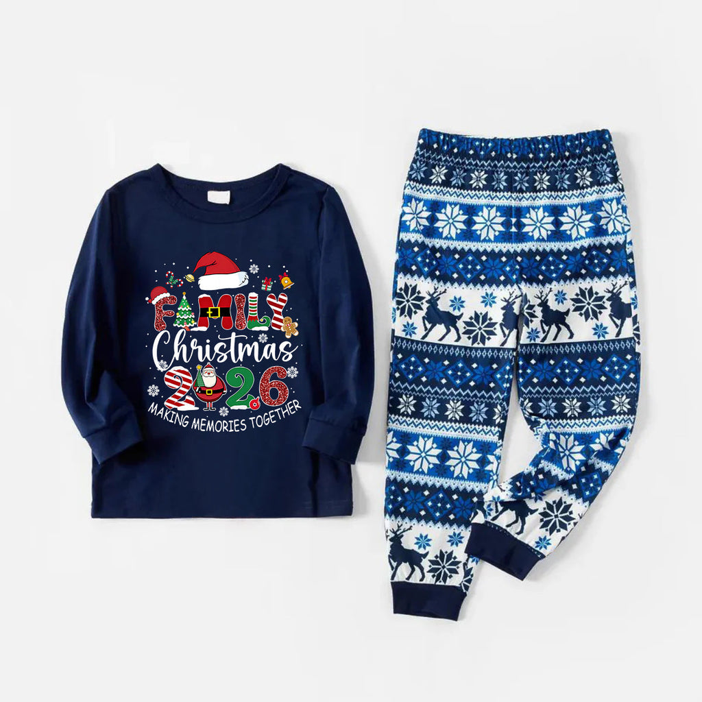 Joyful Blue Christmas Pajamas Set With "Family Christmas 2026 Making Memories Together" Text Print