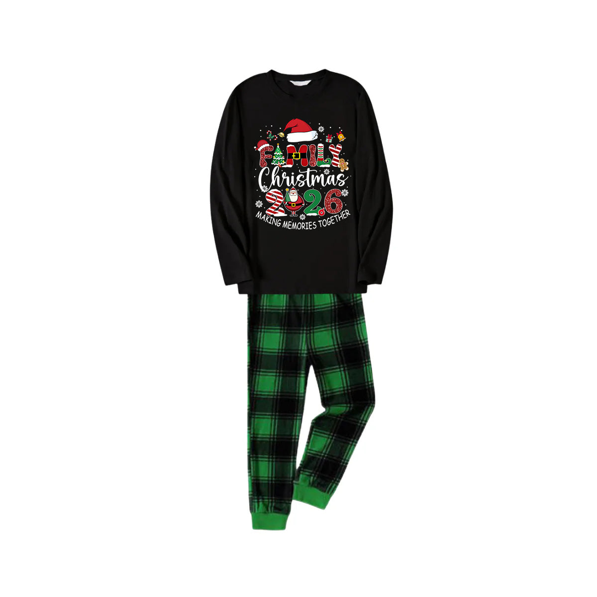 Black Top and Green Plaid Pants Christmas Pajamas Set With "Family Christmas 2026 Making Memories Together" Text Print
