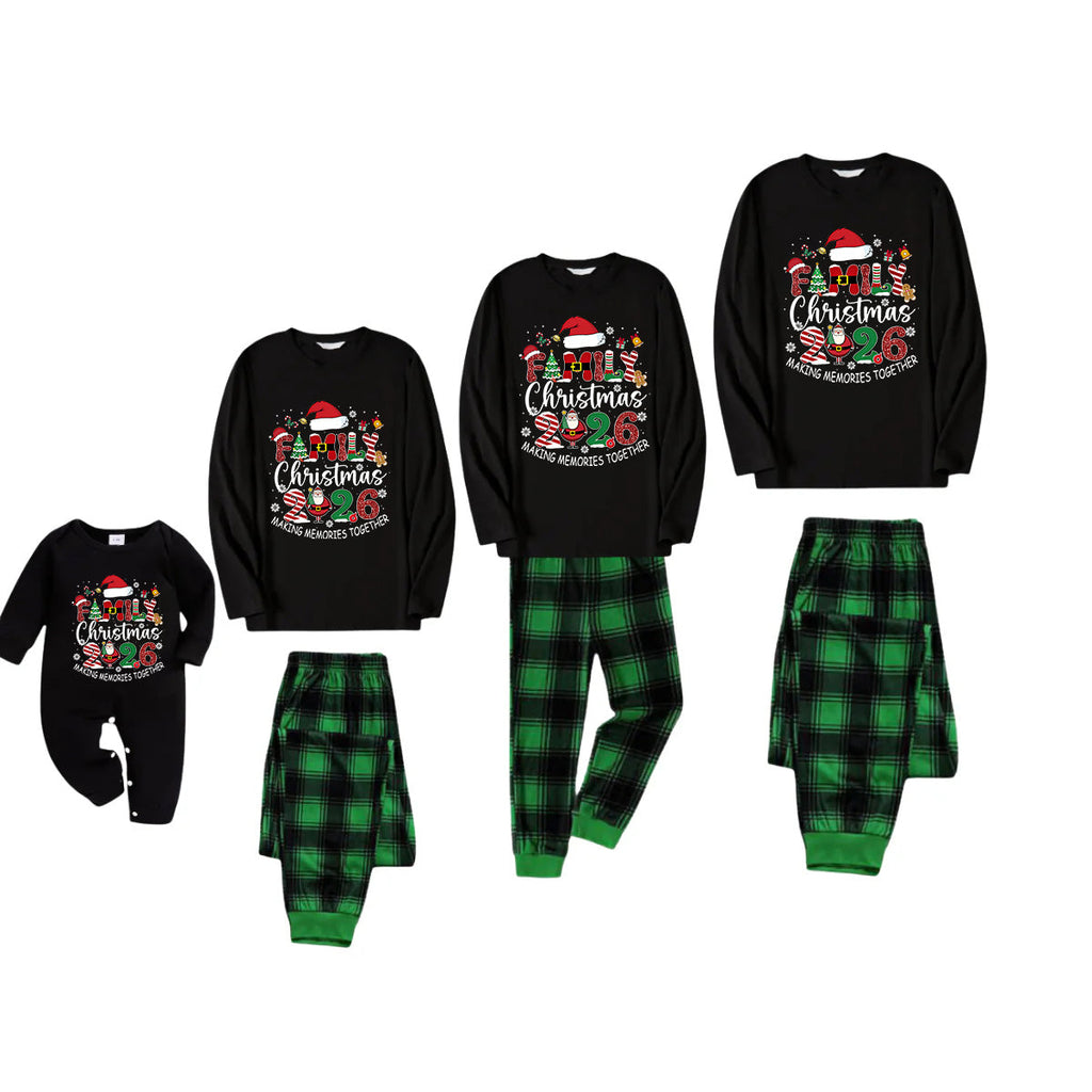 Black Top and Green Plaid Pants Christmas Pajamas Set With "Family Christmas 2026 Making Memories Together" Text Print
