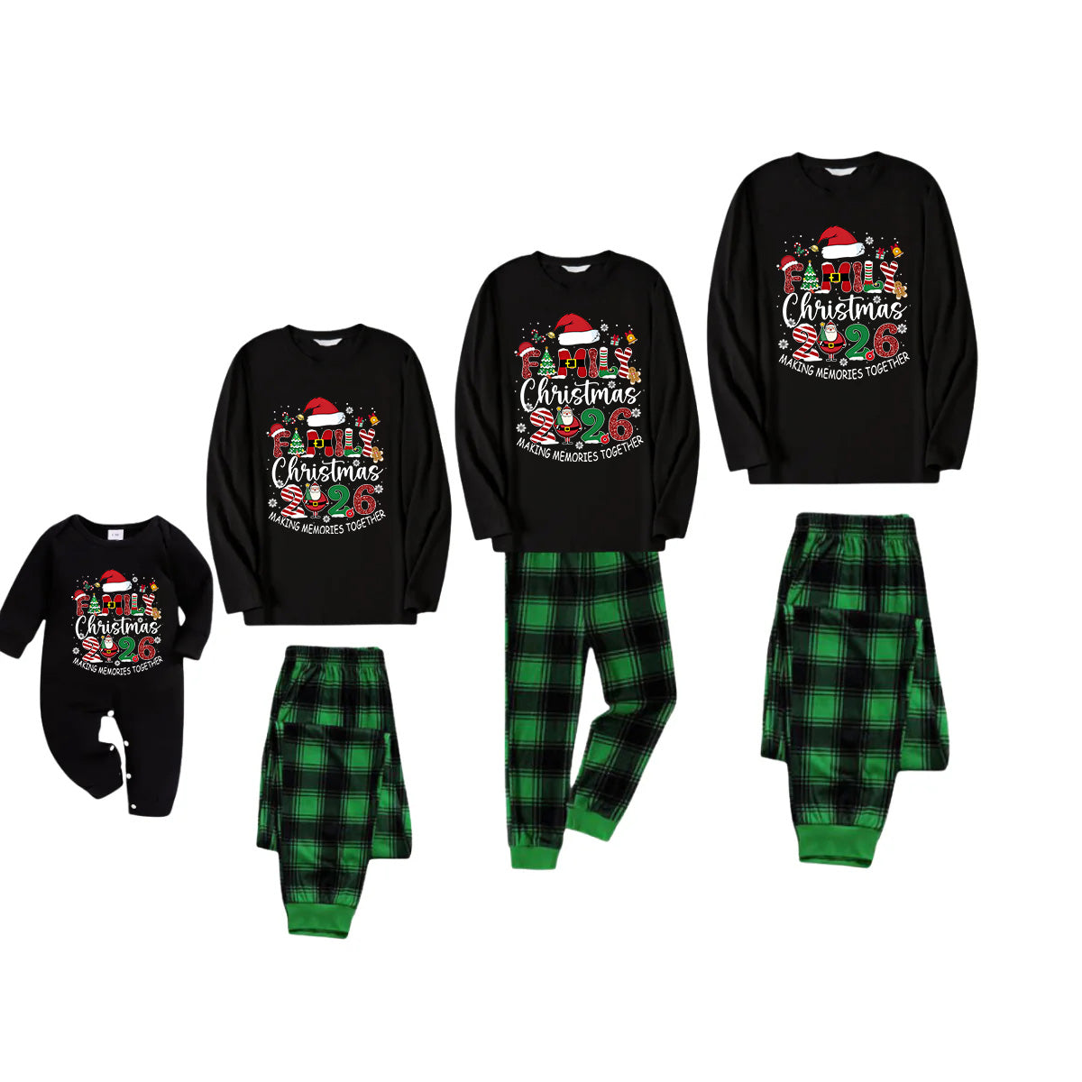 Black Top and Green Plaid Pants Christmas Pajamas Set With "Family Christmas 2026 Making Memories Together" Text Print