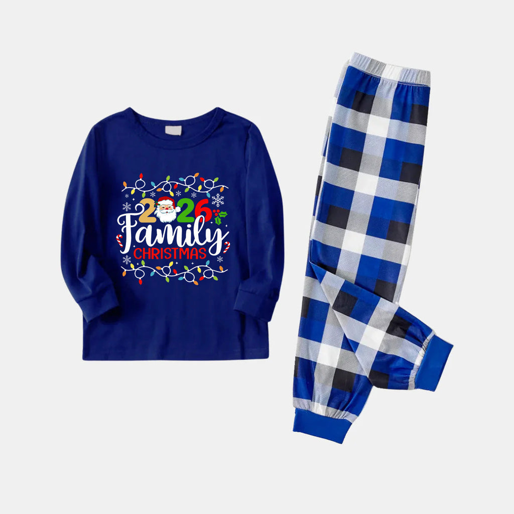 Navy & White Plaid Christmas Pajamas Set With Christmas Light and "2026 Family Christmas" Text Print
