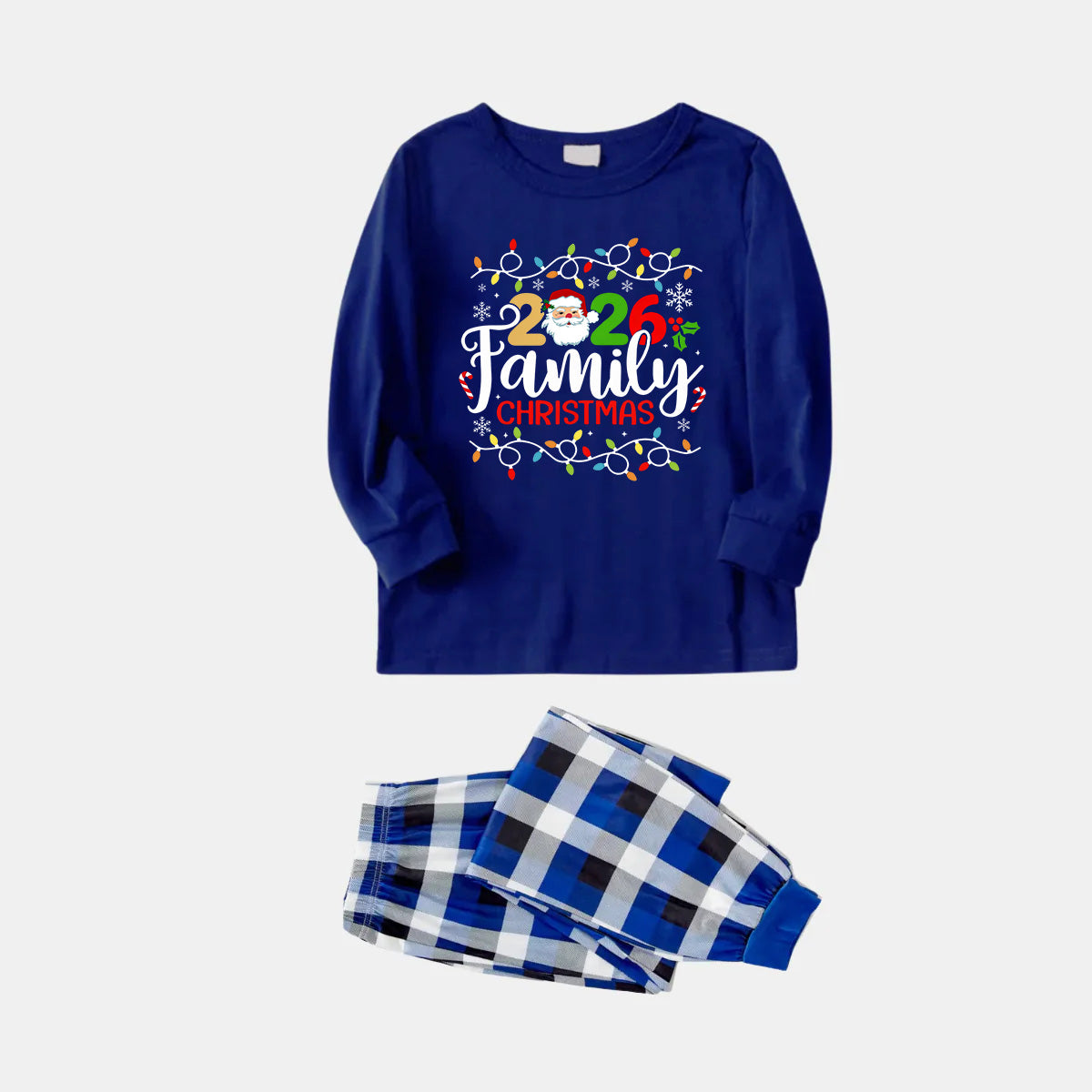 Navy & White Plaid Christmas Pajamas Set With Christmas Light and "2026 Family Christmas" Text Print