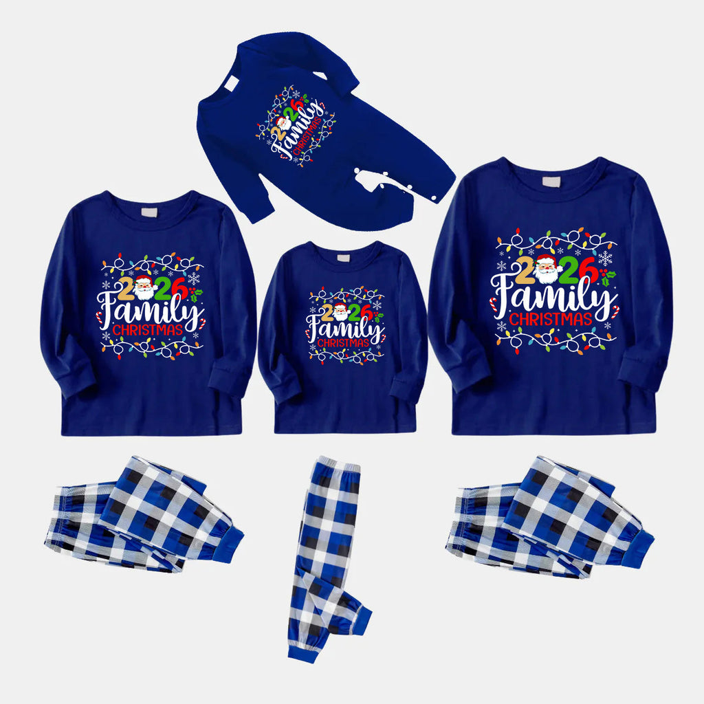 Navy & White Plaid Christmas Pajamas Set With Christmas Light and "2026 Family Christmas" Text Print