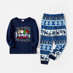 Joyful Blue Christmas Pajamas Set With Christmas Light and "2026 Family Christmas" Text Print