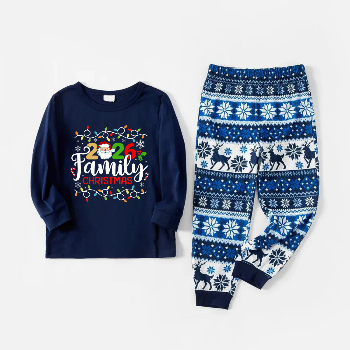 Joyful Blue Christmas Pajamas Set With Christmas Light and "2026 Family Christmas" Text Print