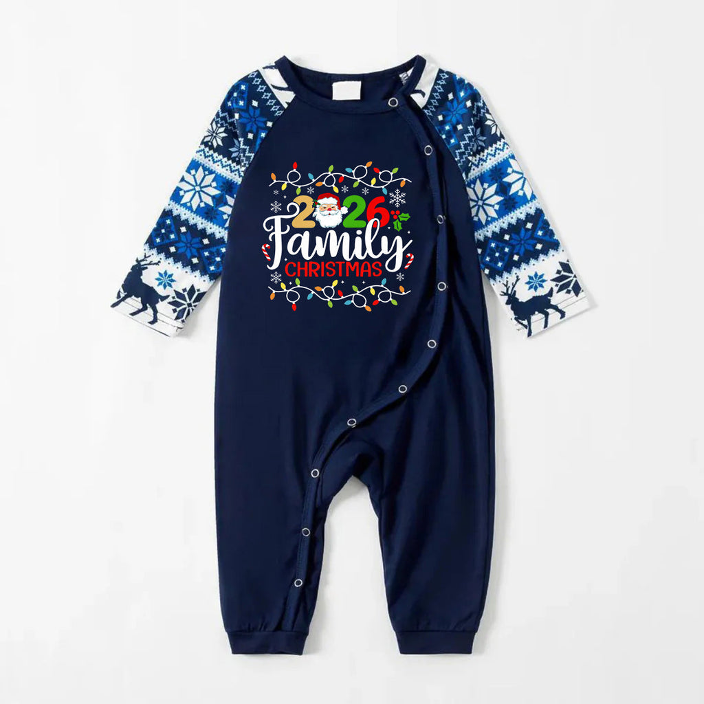 Joyful Blue Christmas Pajamas Set With Christmas Light and "2026 Family Christmas" Text Print
