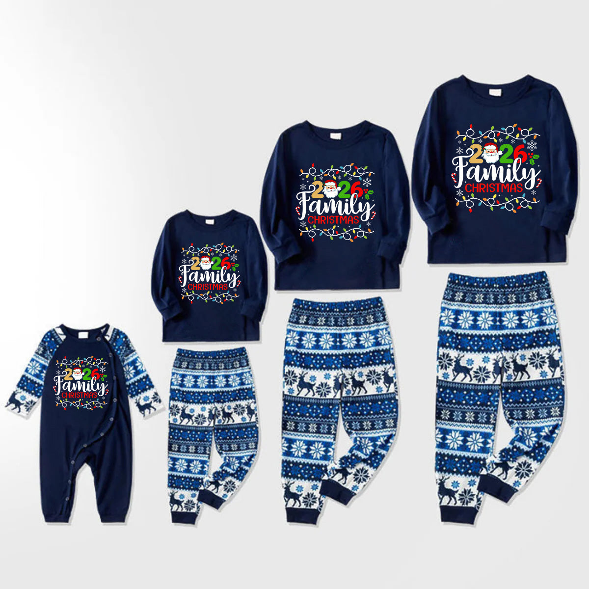 Joyful Blue Christmas Pajamas Set With Christmas Light and "2026 Family Christmas" Text Print