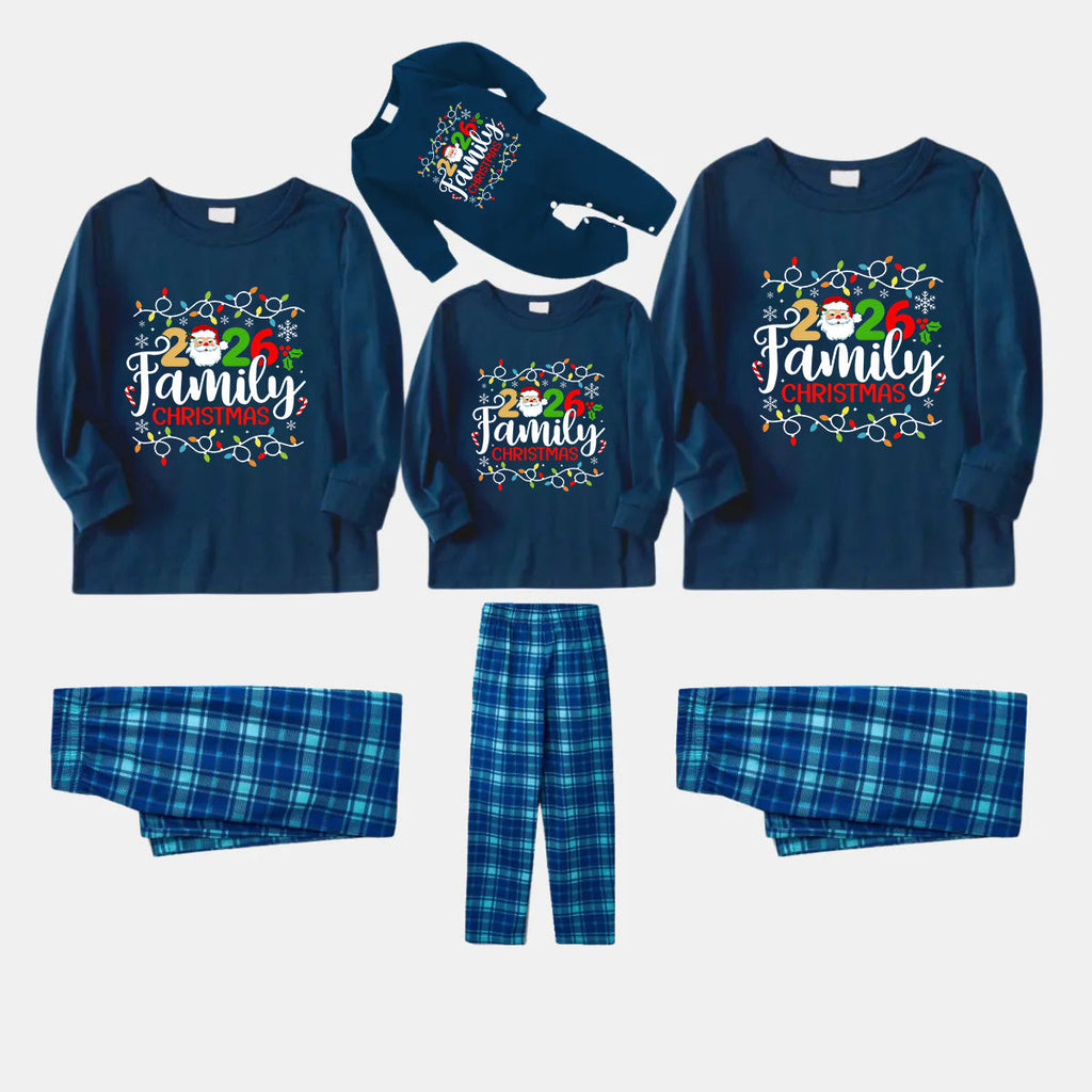 Navy & Sky Blue Plaid Christmas Pajamas Set With Christmas Light and "2026 Family Christmas" Text Print