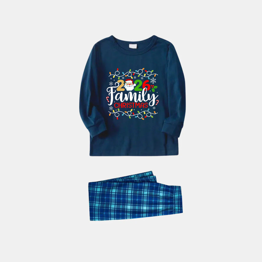 Navy & Sky Blue Plaid Christmas Pajamas Set With Christmas Light and "2026 Family Christmas" Text Print