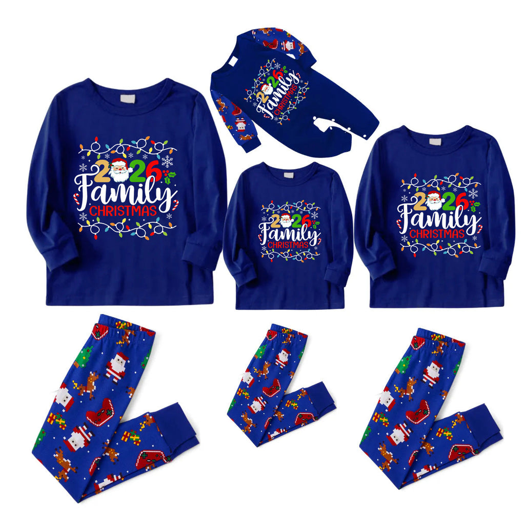 Cozy Blue Christmas Pajamas Set With Christmas Light and "2026 Family Christmas" Text Print