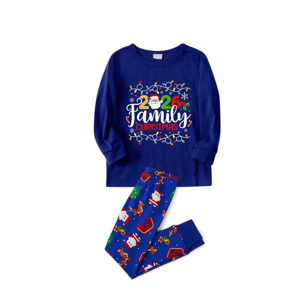 Cozy Blue Christmas Pajamas Set With Christmas Light and "2026 Family Christmas" Text Print