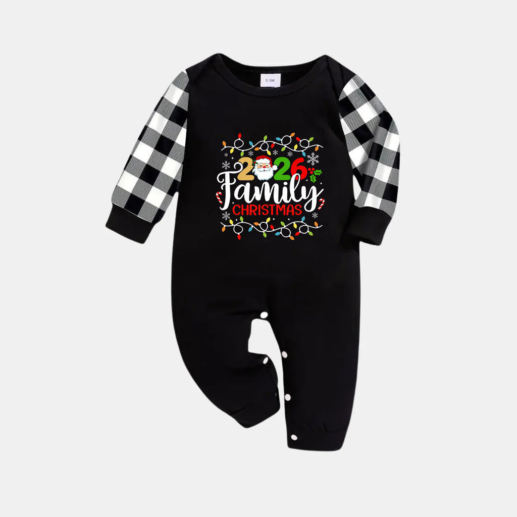 Black and White Plaid Christmas Pajamas Set With Christmas Light and "2026 Family Christmas" Text Print