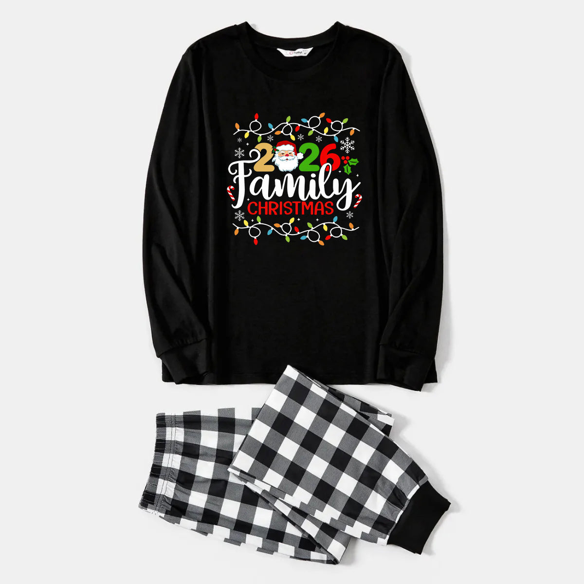 Black and White Plaid Christmas Pajamas Set With Christmas Light and "2026 Family Christmas" Text Print
