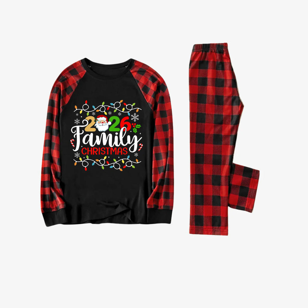 Red and Black Plaid Christmas Pajamas Set With Christmas Light and "2026 Family Christmas" Text Print
