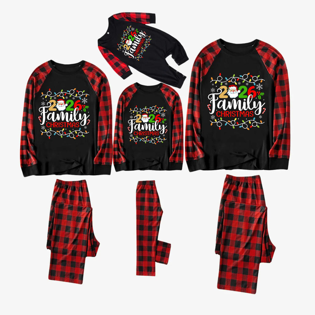 Red and Black Plaid Christmas Pajamas Set With Christmas Light and "2026 Family Christmas" Text Print