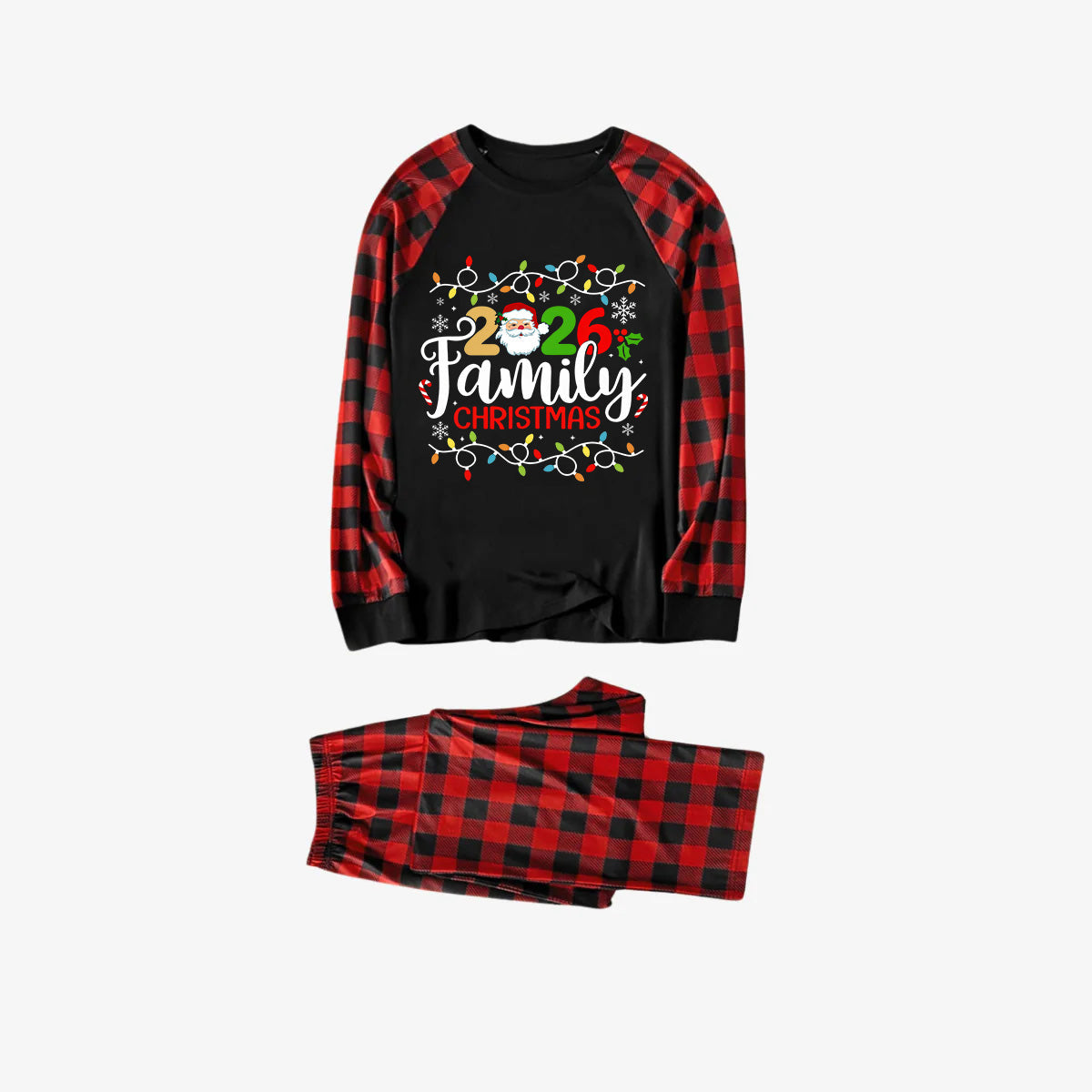 Red and Black Plaid Christmas Pajamas Set With Christmas Light and "2026 Family Christmas" Text Print