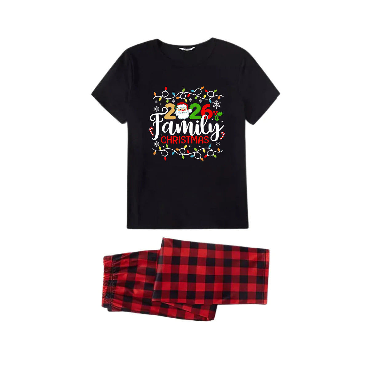 Red and Black Plaid Short Sleeve Christmas Pajamas Set With Christmas Light and "2026 Family Christmas" Text Print