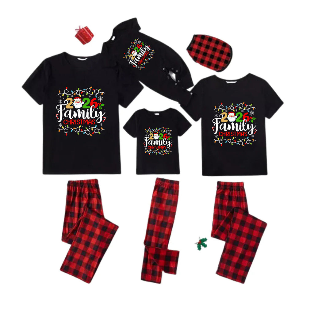 Red and Black Plaid Short Sleeve Christmas Pajamas Set With Christmas Light and "2026 Family Christmas" Text Print