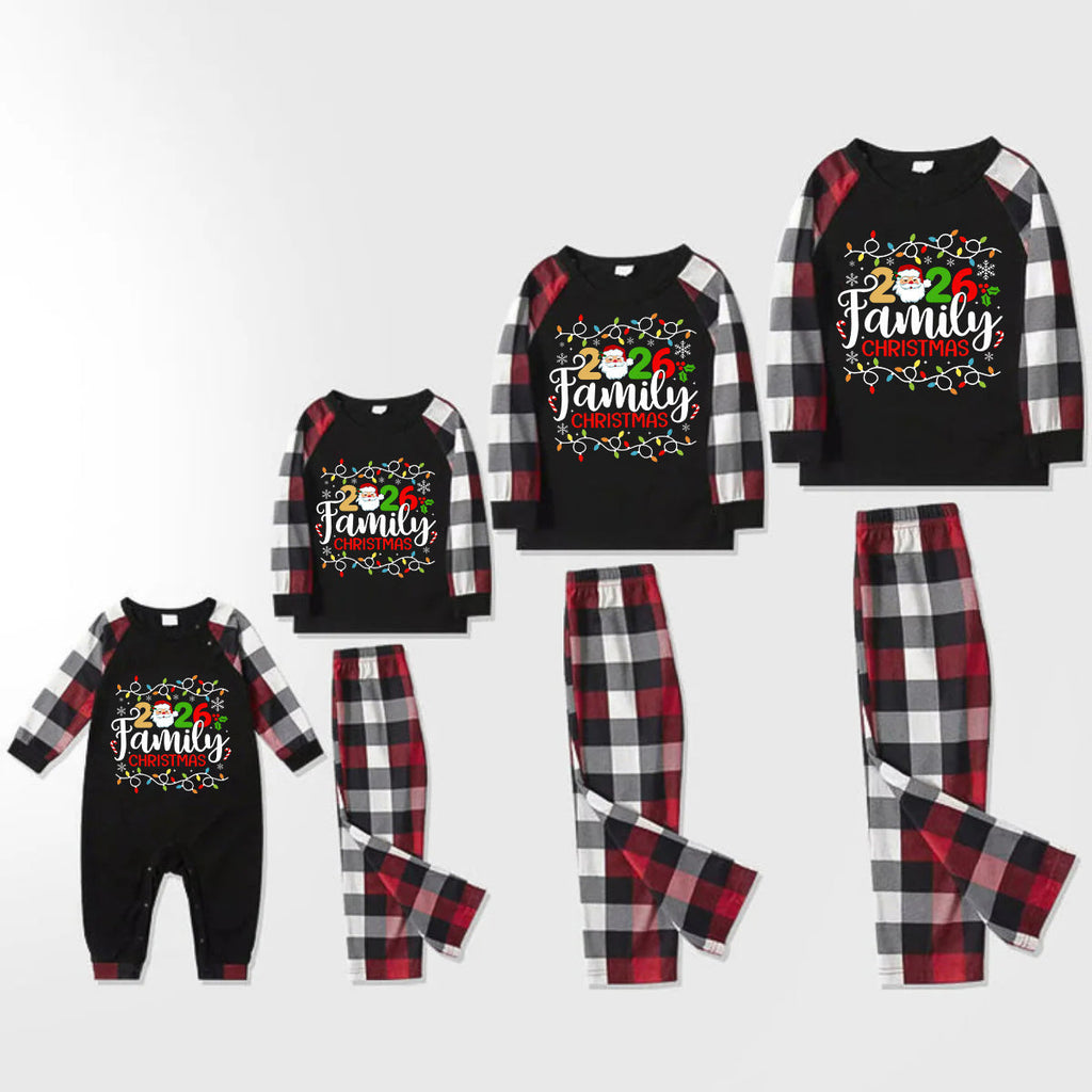 Red and Gray Plaid Christmas Pajamas Set With Christmas Light and "2026 Family Christmas" Text Print