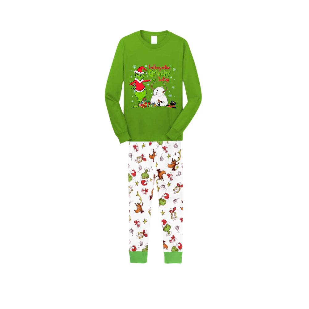 Christmas Family Matching Pajamas-Green Top and Grinch Pants Pjs Set with Grinch and Snowman Cartoon Print