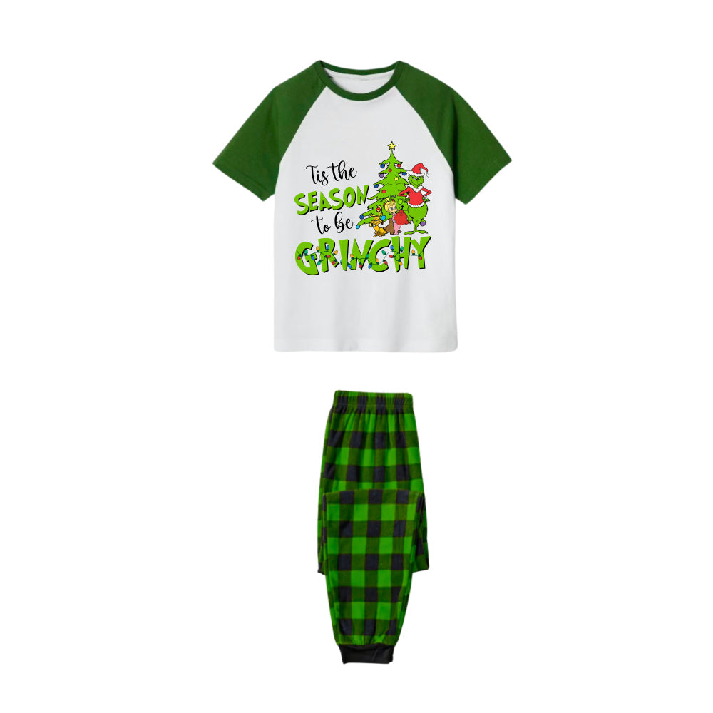 White Top Green Sleeves Green Plaid Pants Pajamas Set With "Tis The Season To Be Grinch" Print
