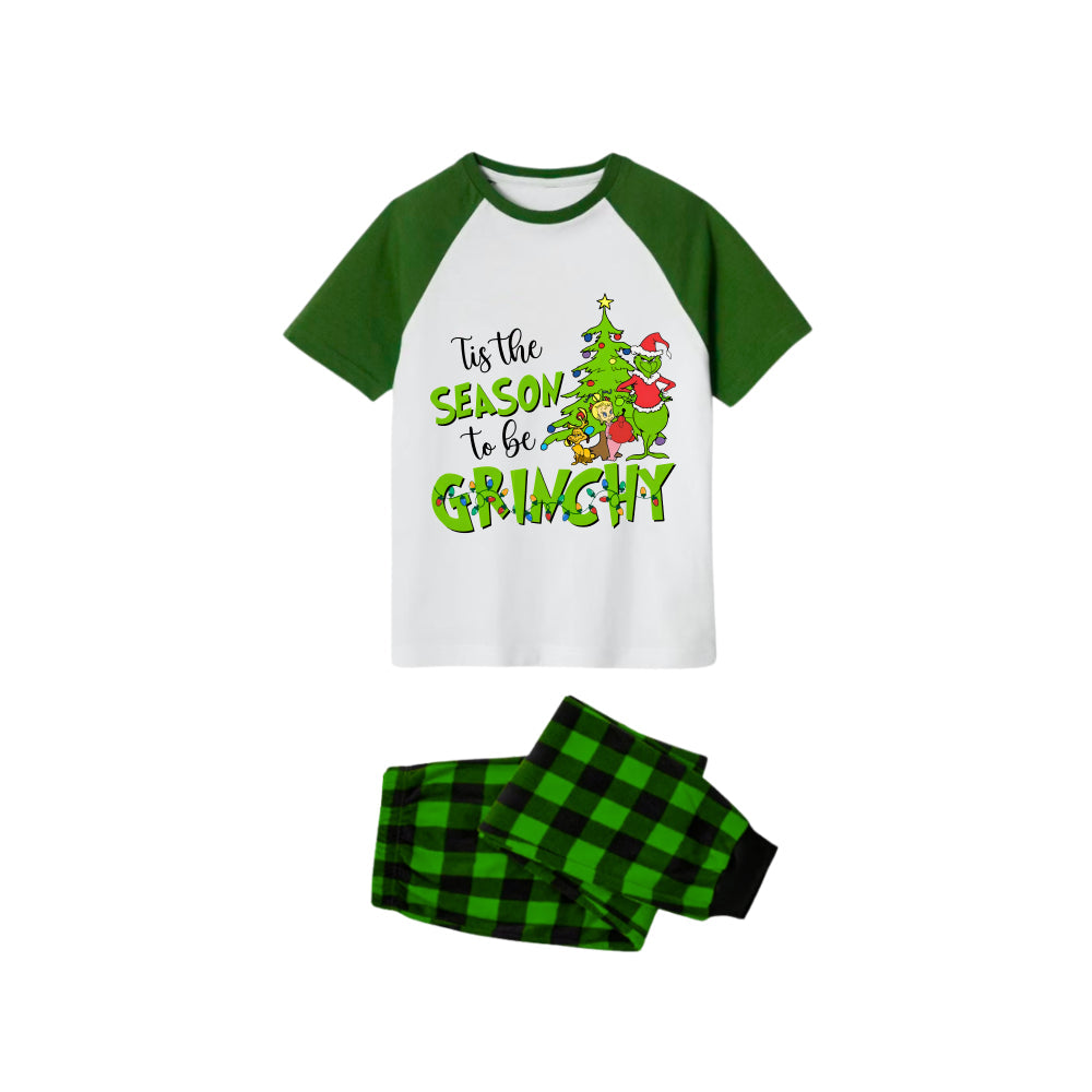 White Top Green Sleeves Green Plaid Pants Pajamas Set With "Tis The Season To Be Grinch" Print