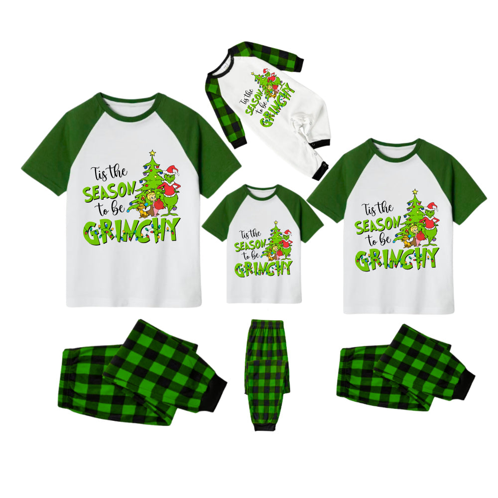 White Top Green Sleeves Green Plaid Pants Pajamas Set With "Tis The Season To Be Grinch" Print
