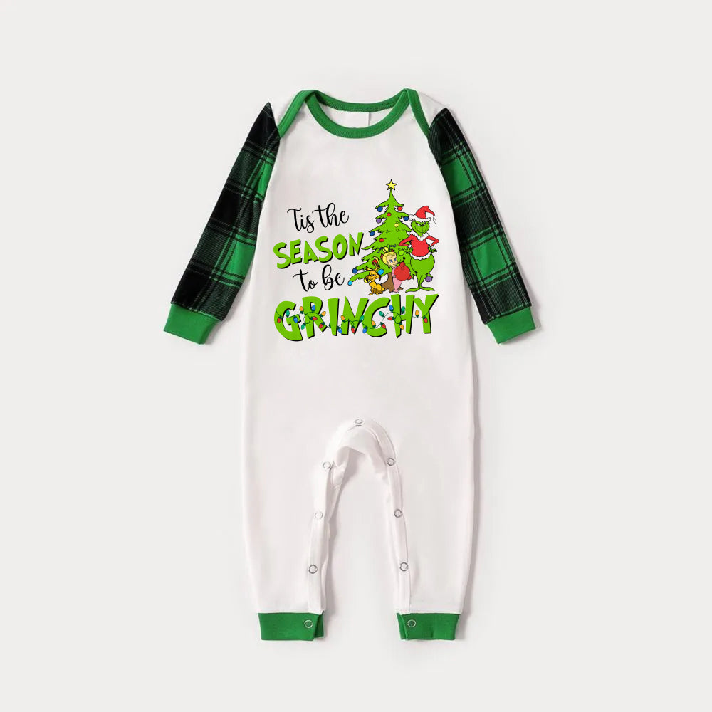 Green Raglan Top Green Plaid Christmas Pajamas Set With Grinch and Christmas tree and "Tis the SEASON to be GRINCHY " Print