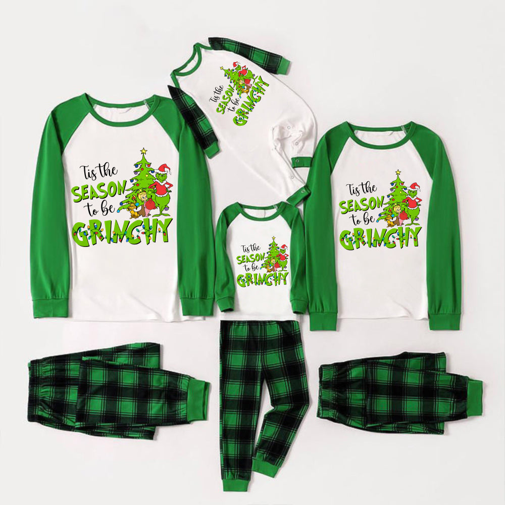 Green Raglan Top Green Plaid Christmas Pajamas Set With Grinch and Christmas tree and "Tis the SEASON to be GRINCHY " Print