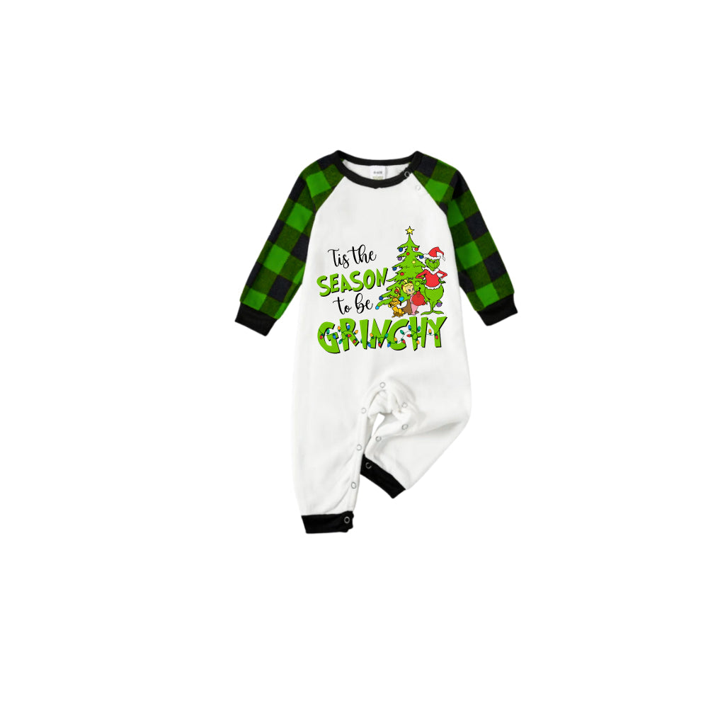White Top Green Sleeves Green Plaid Pants Pajamas Set With "Tis The Season To Be Grinch" Print