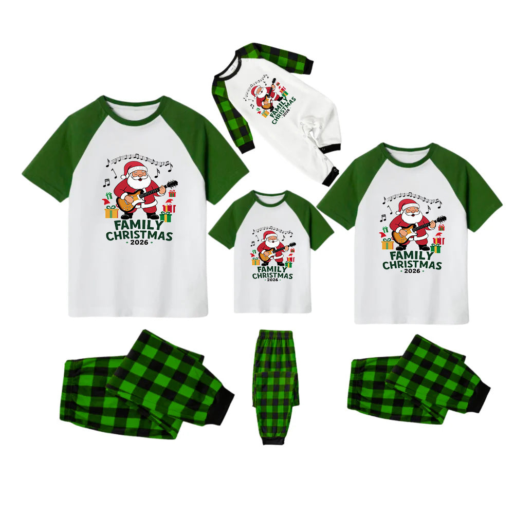 Family Christmas 2026 Pajamas Set - White Top Green Sleeves Green Plaid Pants Playful Santa Graphic
