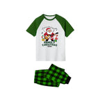 Family Christmas 2026 Pajamas Set - White Top Green Sleeves Green Plaid Pants Playful Santa Graphic