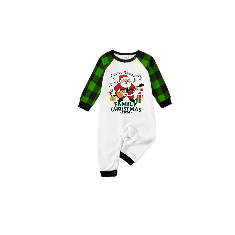 Family Christmas 2026 Pajamas Set - White Top Green Sleeves Green Plaid Pants Playful Santa Graphic