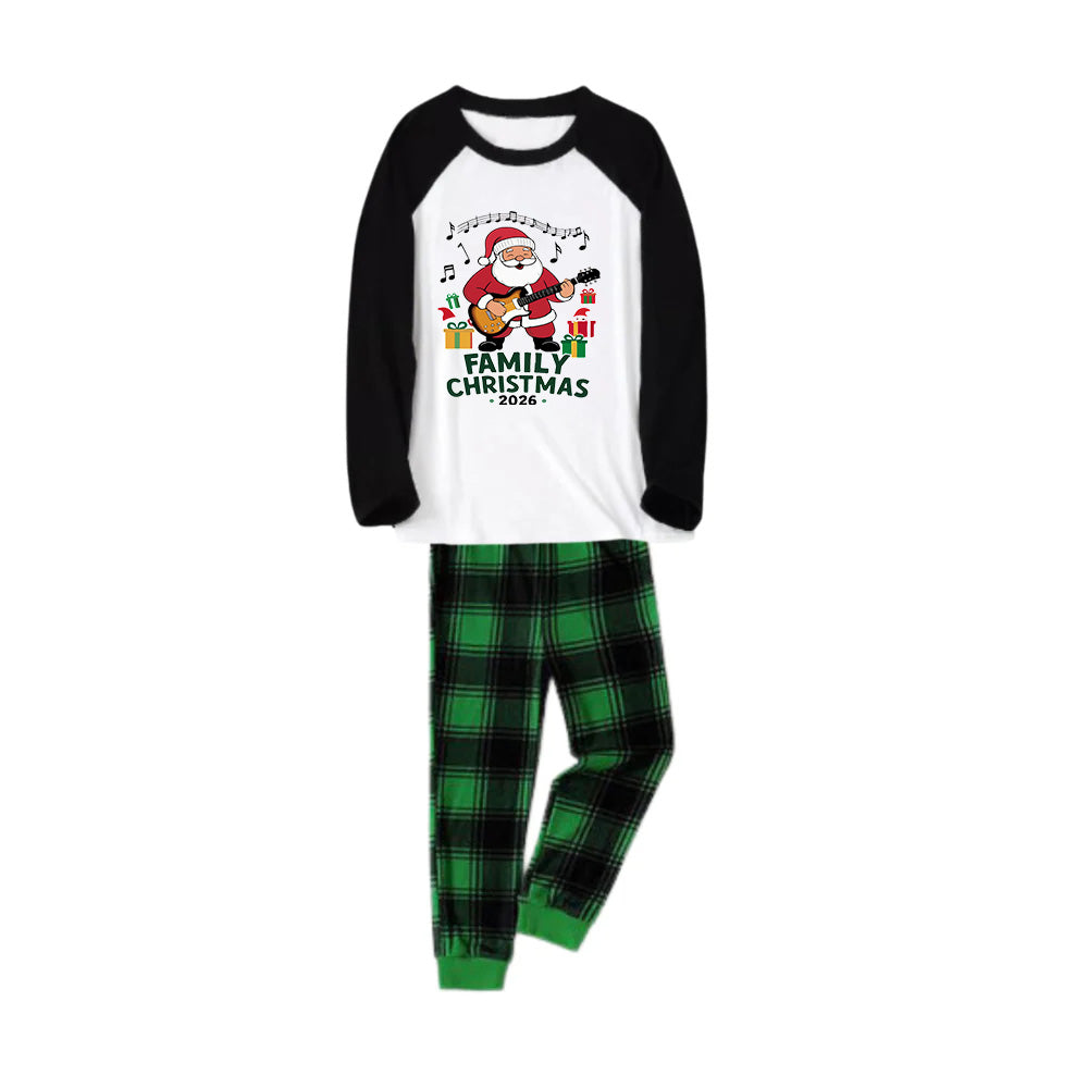 Black Raglan Top Green Plaid Christmas Pajamas Set With "Merry Christmas 2026" and Santa Claus Print