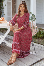 Boho Print Puff Sleeve Loose Maxi Dress