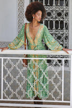 Floral Long Sleeve V-Neck Drapped Midi Dress Green