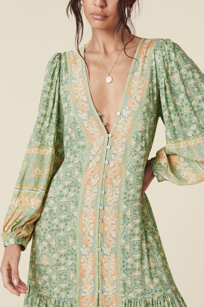 Floral Long Sleeve V-Neck Drapped Midi Dress Green