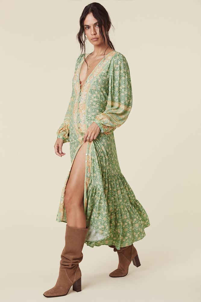 Floral Long Sleeve V-Neck Drapped Midi Dress Green