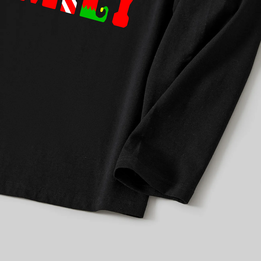Christmas "We are Family" Text Print Black Long Sleeve Top with Green and Black Plaid Family Matching Pajamas