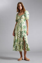 Floral Puff Sleeve Square Collar Slit Midi Dress