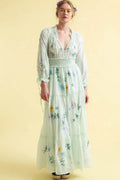 V-Neck Long Sleeve Embroidery Maxi Dress